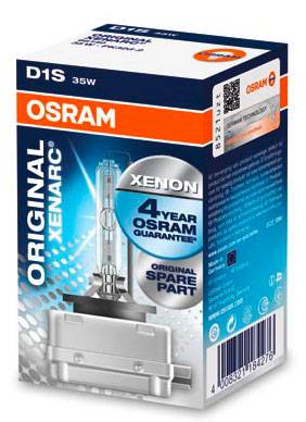 Un imballaggio per una lampadina auto a xenon D1S 35W di OSRAM con 4 anni di garanzia e la scritta 'Ricambio Originale'.