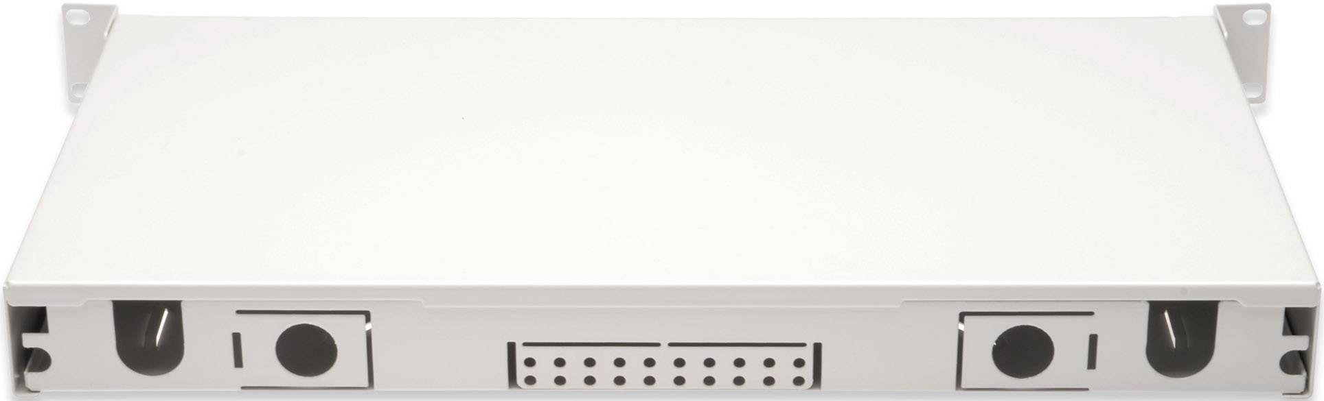 Un contenitore metallico bianco rettangolare con connettori e fessure di ventilazione sul lato frontale, comunemente utilizzato in ambienti IT o di rete.