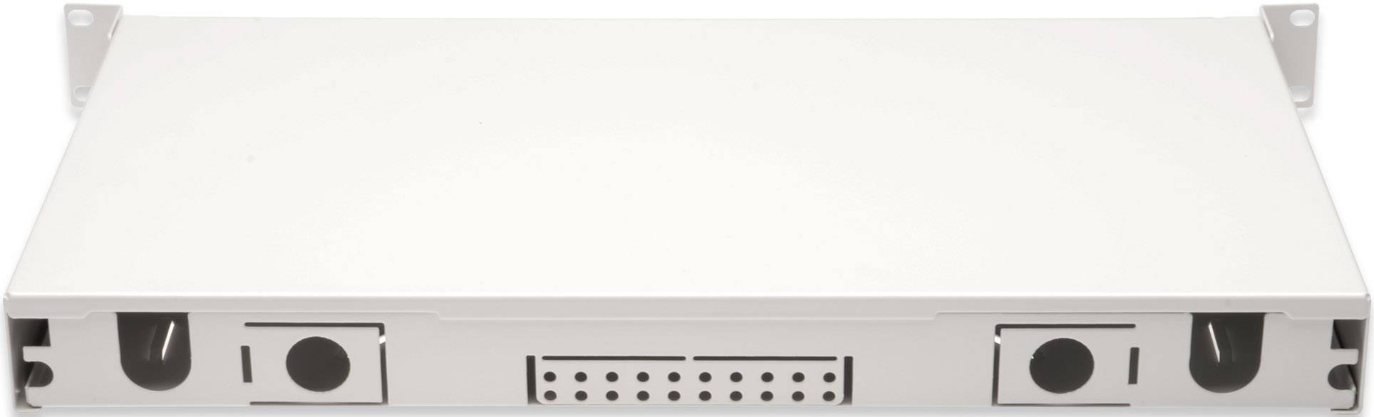 Un dispositivo di rete bianco e rettangolare con possibilità di connessione sul lato anteriore, aperto per consentire l'accesso al cablaggio interno.