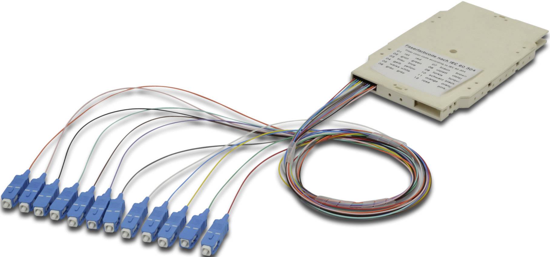 Un modulo ottico con scheggia contenente più cavi in fibra ottica con codifica a colori e connettori blu.