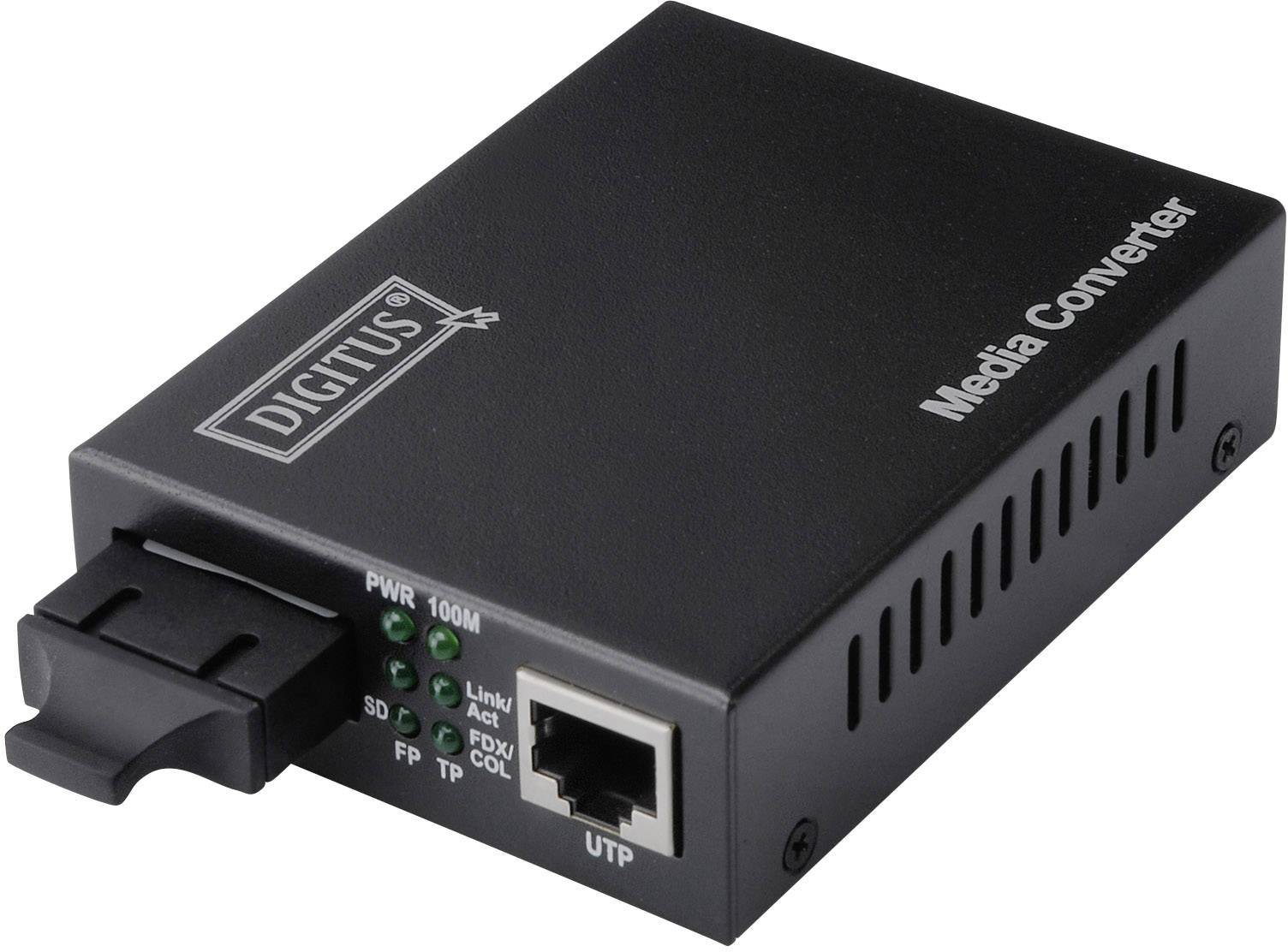 Convertitore di media nero Digitus, modello da fibra ottica a Ethernet con connessione di rete, porta UTP e LED di stato.