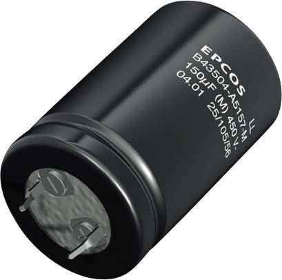 Un condensatore elettronico cilindrico nero con la scritta 'EPCOS', recante informazioni tecniche relative a capacità e tensione.