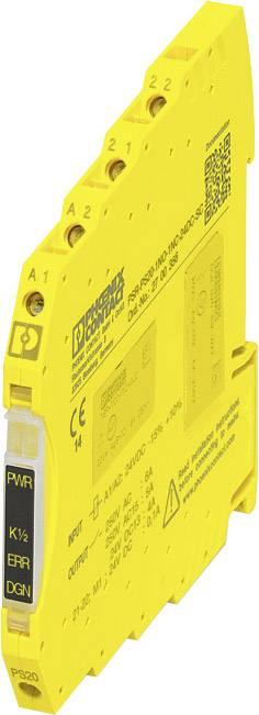 Un modulo elettrico giallo, stretto e sottile, con testo stampato. Sono visibili le informazioni del produttore e le istruzioni di sicurezza.