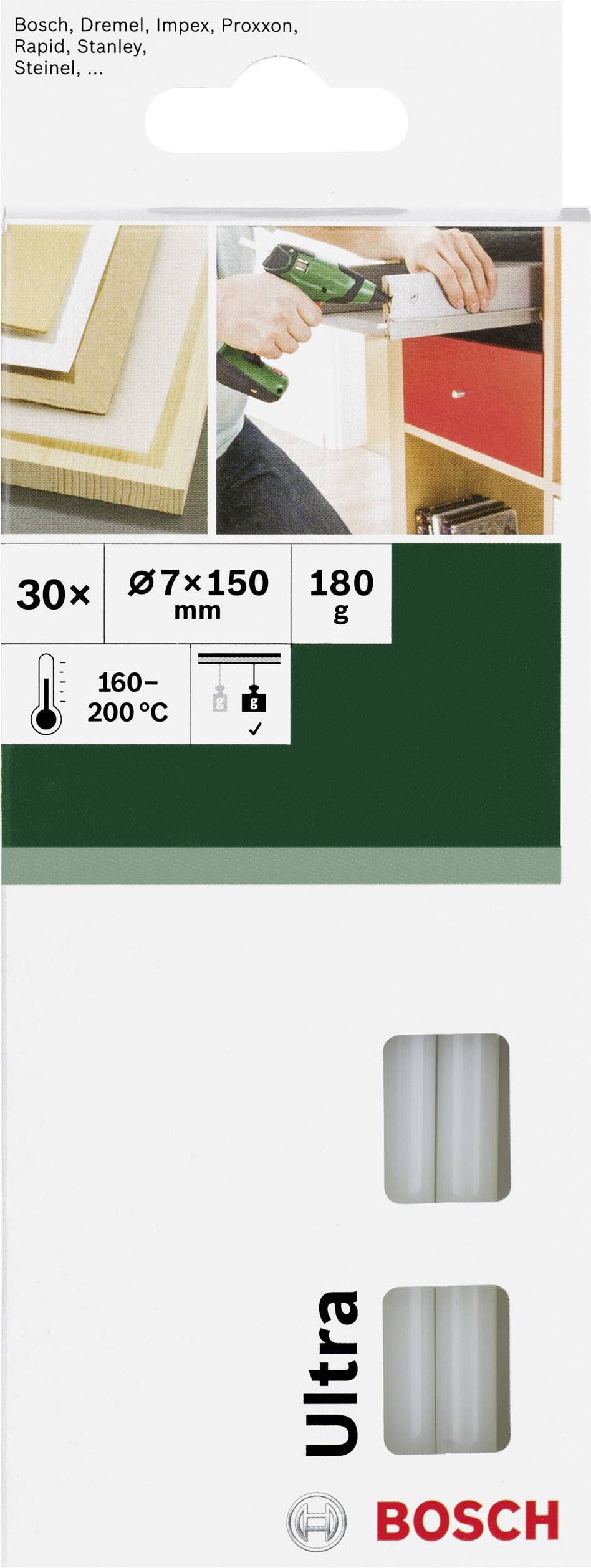 Un imballaggio di cartucce termoadesive Bosch. Sulla parte superiore sono illustrati esempi di applicazione. Misure: 7x150 mm, 180 g, 160–200 °C.