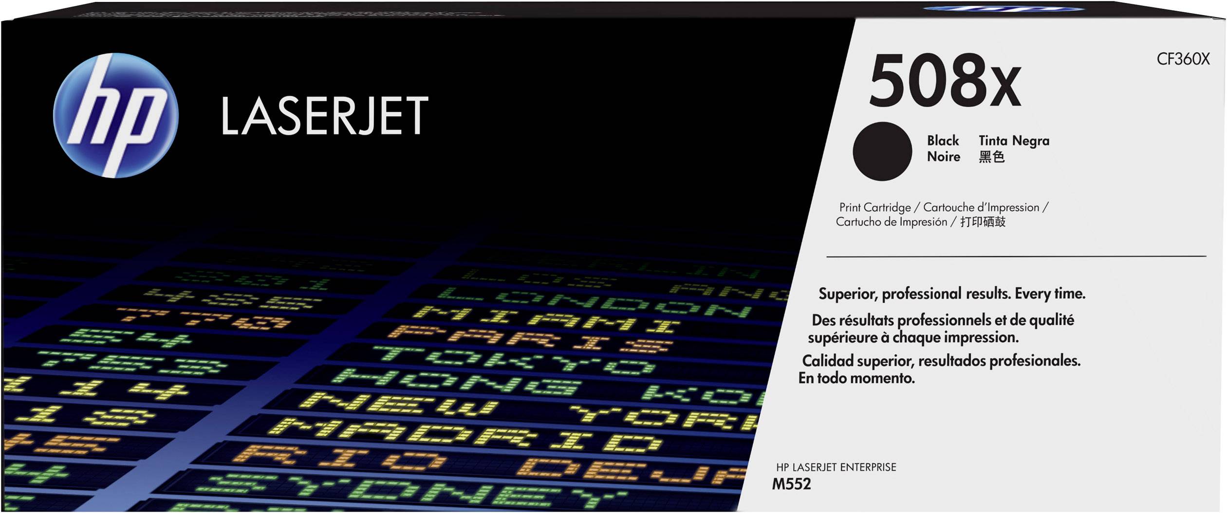 HP LaserJet 508X cartuccia toner nera, mostrata su sfondo nero, con testo multilingue che descrive risultati di stampa di alta qualità.