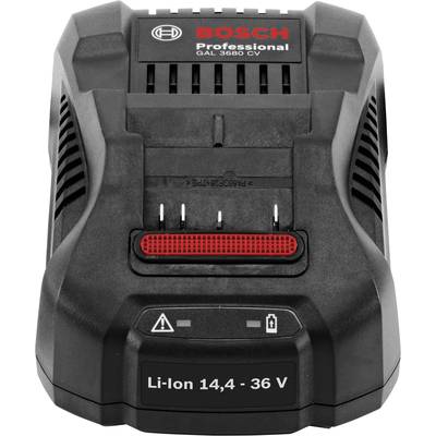 Un caricabatterie Bosch per batterie Li-Ion con una tensione da 14,4 a 36 volt. Ha un design compatto e robusto.