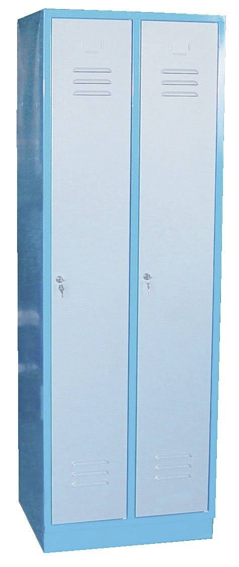 Armadio metallico blu e grigio a due colonne, con feritoie di ventilazione e ante chiudibili a chiave, idoneo per lo stoccaggio.