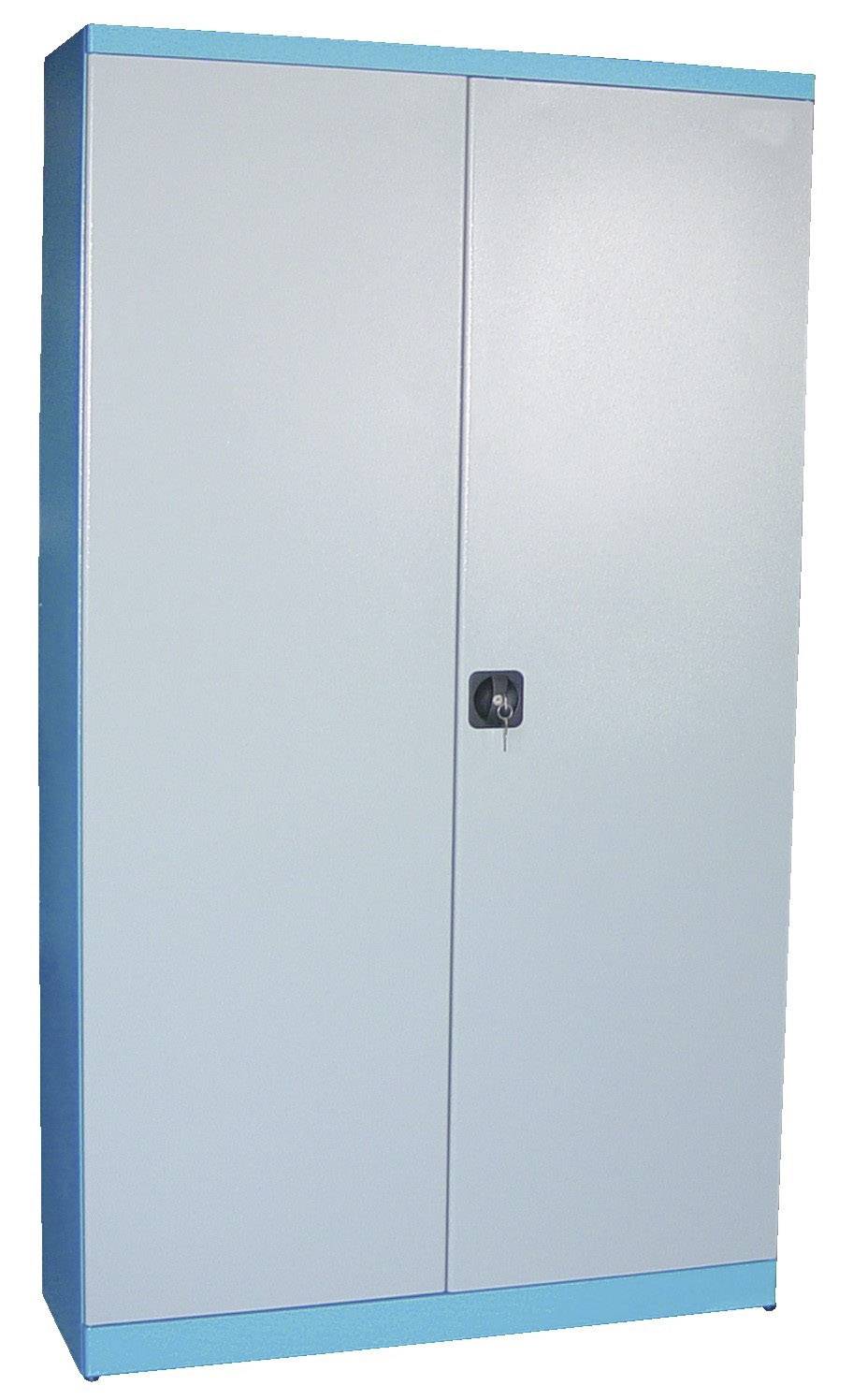 Armadietto metallico blu con due ante, dotato di una maniglia nera centrale, utilizzato per riporre oggetti.