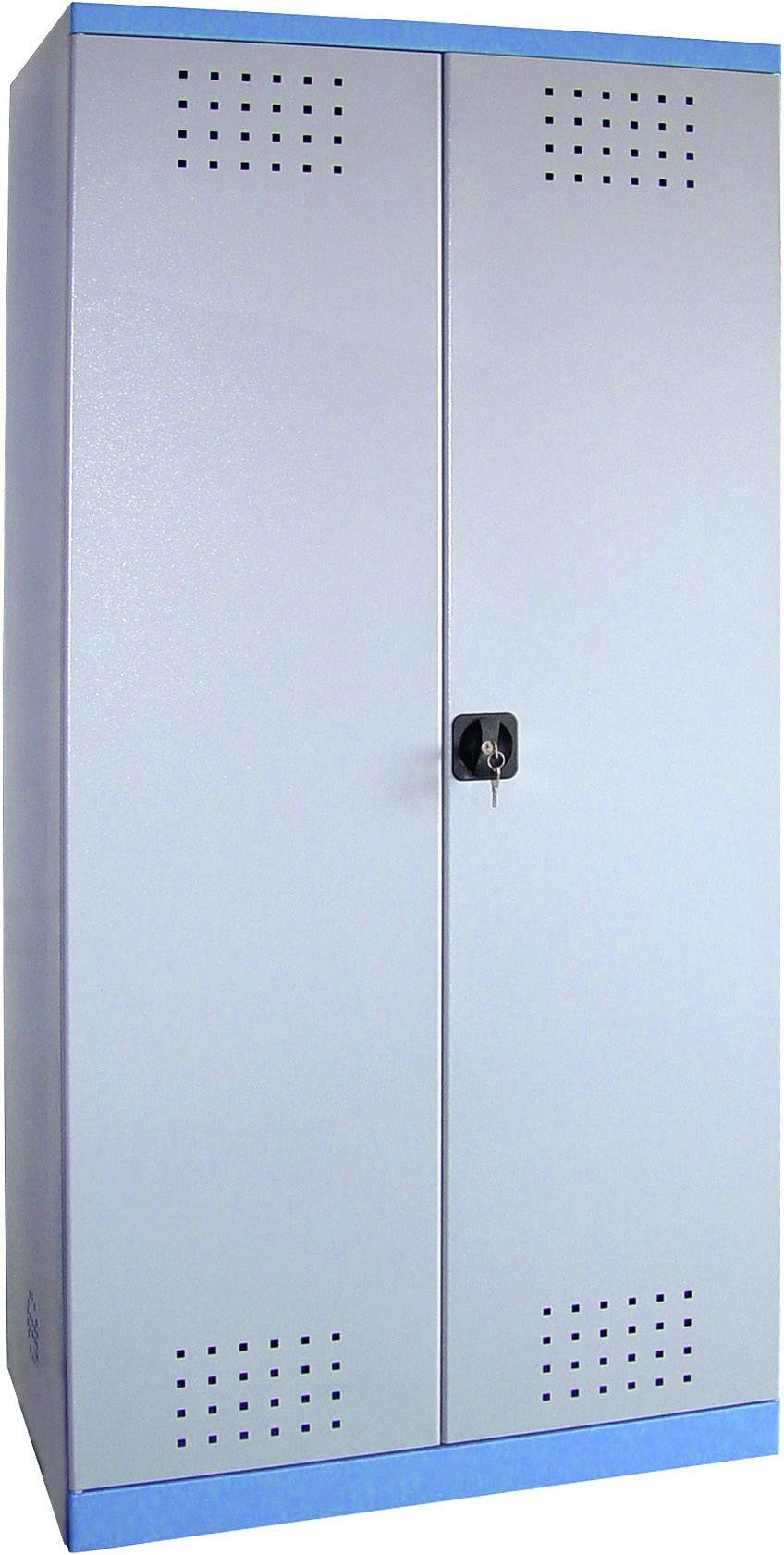 Armadio metallico con due ante, dotato di feritoie di ventilazione in alto e in basso. Ante con cerniera centrale e serratura, colore grigio con accenti blu.