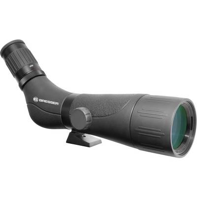Un cannocchiale nero con attacco per treppiede e lente verde. Reca il logo 'Bresser' e ha un anello di zoom regolabile.