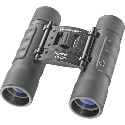 Binocolo con la scritta 'Bresser Hunter 10x25', nero, compatto e chiuso.
