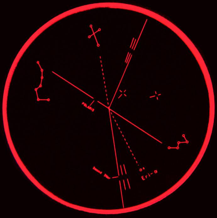 Diagramma circolare con linee rosse e simboli su sfondo nero, che mostra varie forme geometriche e marcature.