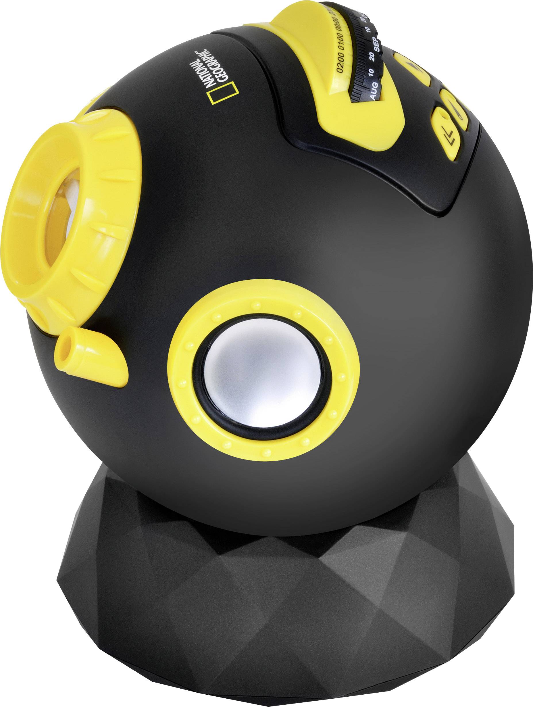 Proiettore nero e giallo a forma di sfera su un piedistallo geometrico, probabilmente adatto per proiezioni di diapositive o stelle.