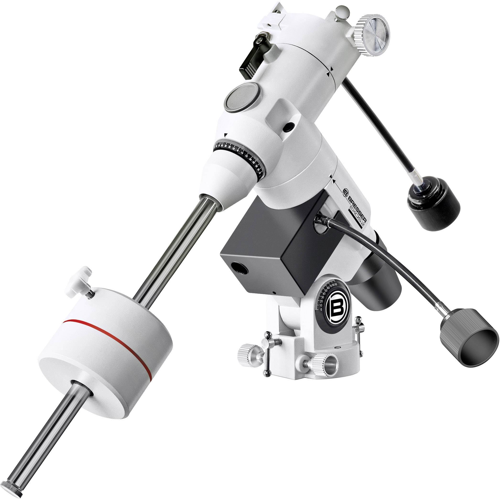 Un telescopio astronomico bianco con diverse maniglie di regolazione e contrappesi, adatto per osservazioni celesti precise.