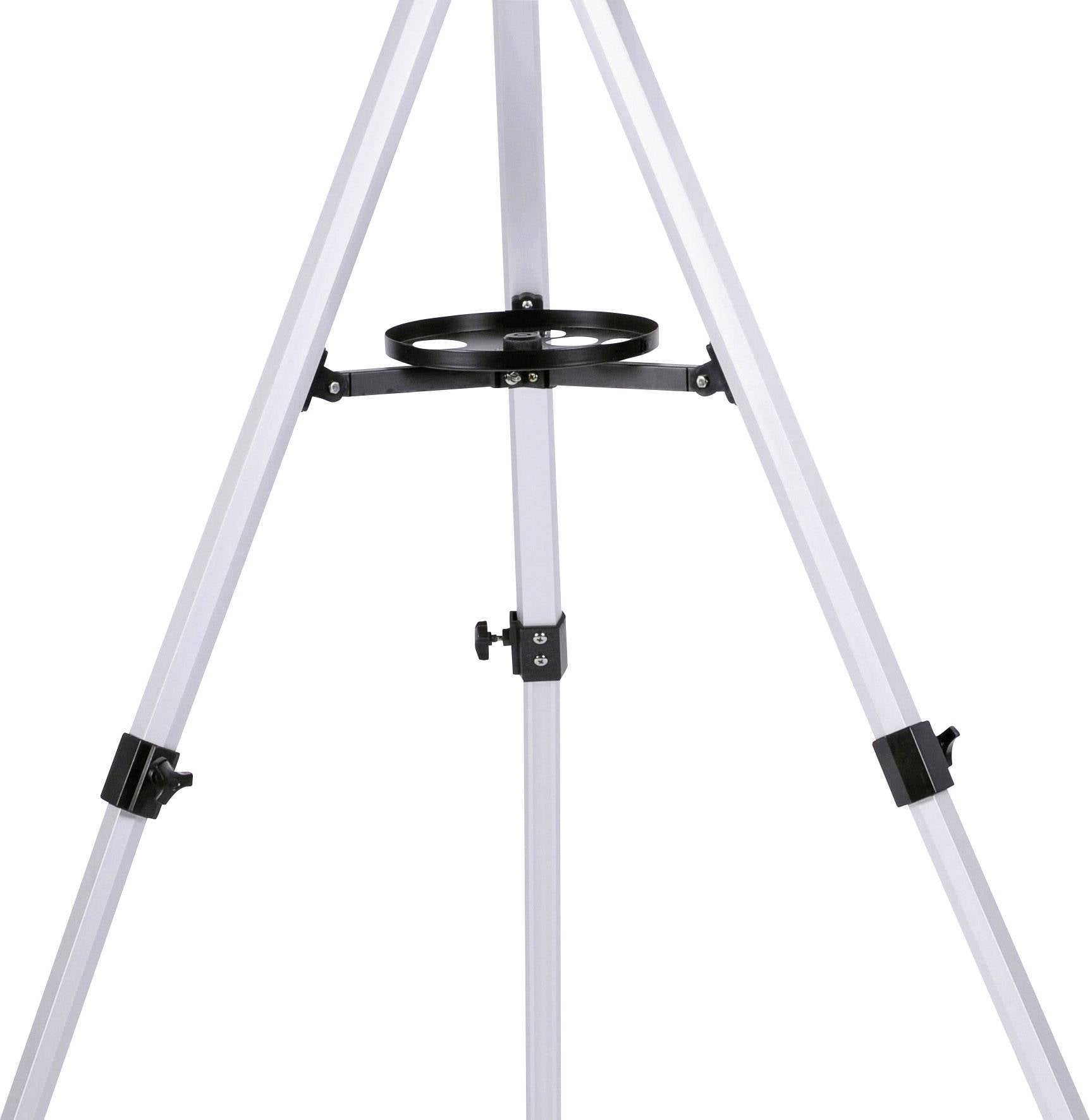 Un treppiede bianco con tre gambe, un supporto nero rotondo al centro, altezza regolabile e struttura stabile.