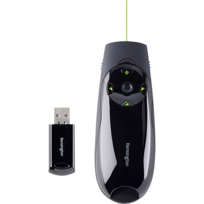 Puntatore laser per presentazioni con tasti, incluso ricevitore USB. Il dispositivo è nero e dispone di tasti freccia.