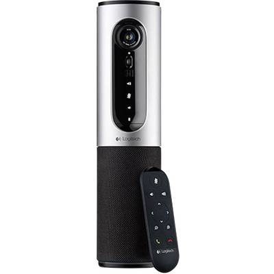 Una webcam argentata con altoparlante integrato e telecomando nero, idonea per videoconferenze.