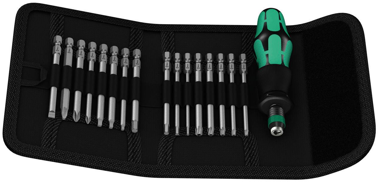 Un set di utensili in una borsa nera aperta. A sinistra, diversi inserti per cacciavite in supporti, a destra un manico.