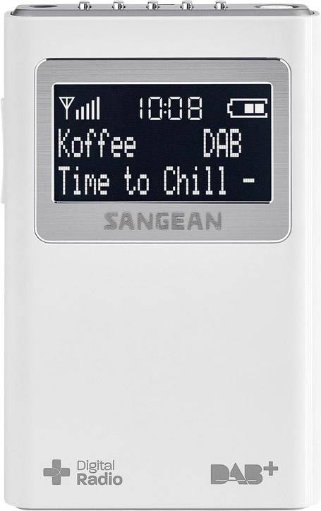 Un radio digitale bianco mostra sul display: 'Koffee - Time to Chill', ora 10:08, indicatore batteria, stato ricezione DAB.