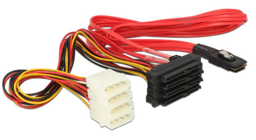 Un set di cavi con connettori per componenti del computer, composto da fili rossi, gialli e neri, comprende cavi di alimentazione e dati.