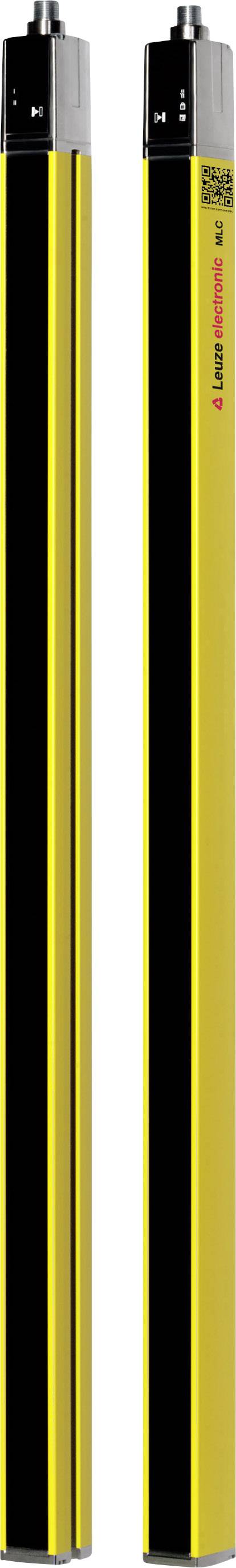 Due barriere ottiche di sicurezza giallo-nere, disposte verticalmente, per il controllo degli accessi o la sicurezza delle macchine in ambienti industriali.