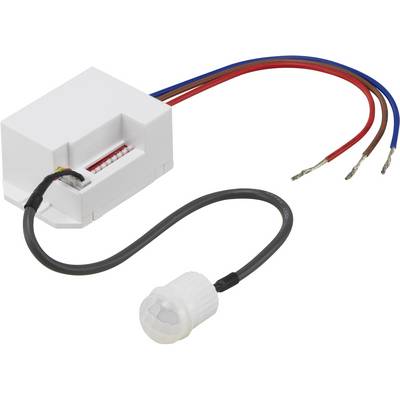 Un sensore di movimento bianco con fili rossi e blu, nonché un cavo e una spina neri, utilizzato per impianti elettrici.