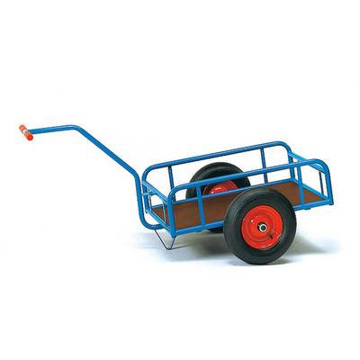 Un carrello blu con ruote rosse e una piattaforma in legno. Il manico è lungo e blu, adatto al trasporto di carichi leggeri.
