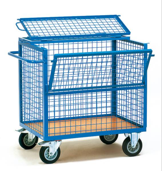 Un carrello blu con griglia e quattro ruote, adatto al trasporto di merci o materiali. Porte superiori e laterali pieghevoli.