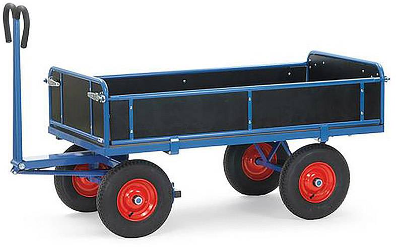 Un carrello blu con ruote rosse e cassone nero. Il manico è verticale, i lati sono ribaltabili.