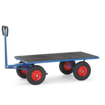 Un carrello di trasporto blu con quattro ruote nere e cerchioni rossi. Ha una superficie di carico nera e un manico per spingerlo.