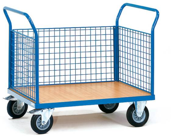 Carrello di trasporto blu con sponde a griglia e pianale in legno, montato su quattro ruote.