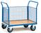 Carrello di trasporto blu con sponde a griglia e pianale in legno, montato su quattro ruote.