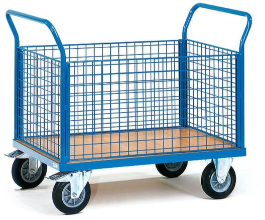 Un carrello di trasporto blu con pareti a griglia e quattro ruote. Ha un pavimento in legno e due maniglie alle estremità.