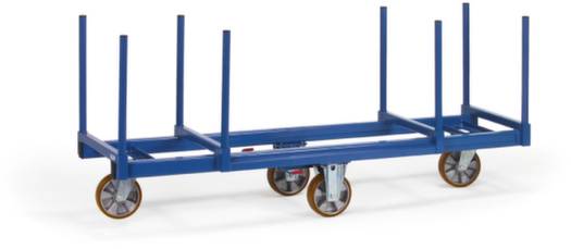 Carrello metallico blu con sei barre verticali e quattro ruote. Adatto per il trasporto di oggetti lunghi e pesanti.