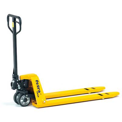 Transpallet giallo con impugnatura nera, utilizzato per spostare pallet. Posizionato su sfondo bianco.