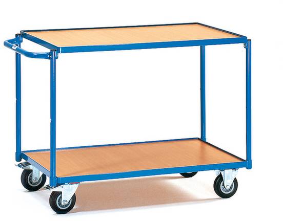 Un carrello blu con due ripiani in legno e quattro ruote. Ideale per spostare oggetti in ambienti di magazzino o ufficio.