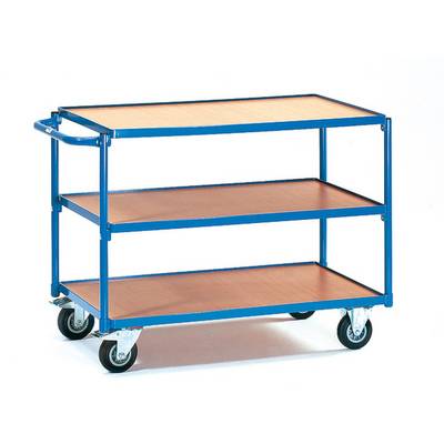 Un carrello blu con tre ripiani in legno e una maniglia sul lato sinistro. Quattro ruote girevoli consentono un facile movimento.