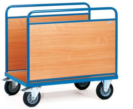 Carrello con telaio metallico blu e pareti laterali in legno, dotato di quattro ruote, per il trasporto di oggetti.