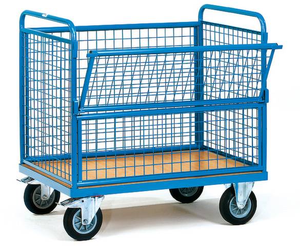 Un carrello in metallo blu con quattro ruote e un lato ribaltabile, adatto al trasporto di carichi pesanti.