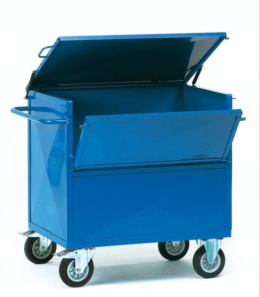 Contenitore metallico blu su ruote con coperchio aperto e sportello frontale sollevato. Adatto per lo stoccaggio o il trasporto di oggetti.