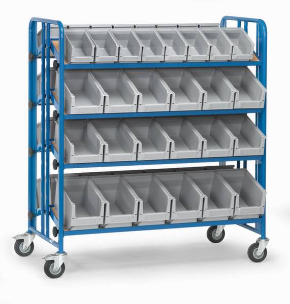 Carrello con quattro ripiani, dotato di contenitori grigi a forma trapezoidale per lo stoccaggio e l'organizzazione di piccoli componenti.