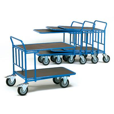 Cinque carrelli di trasporto blu impilati l'uno sull'altro, con piattaforme nere e ruote, utilizzati per il trasporto agevole di oggetti.