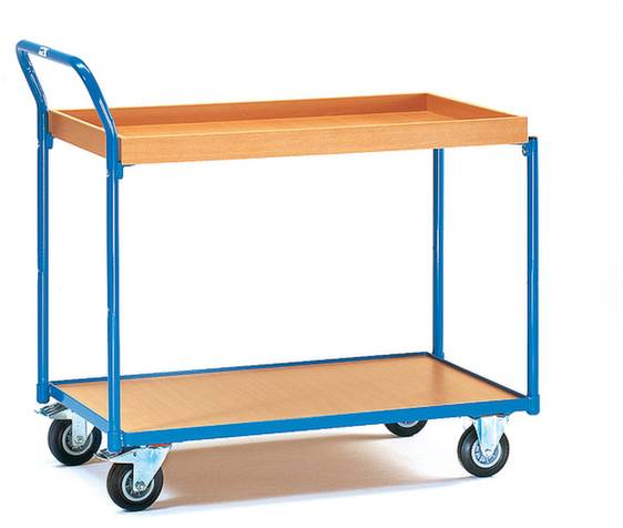Un carrello in acciaio blu a due ripiani con quattro ruote, idoneo per il trasporto di oggetti in aree di magazzino.