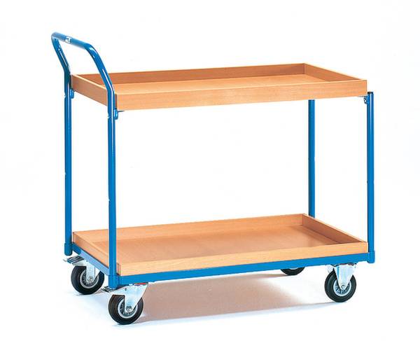 Un carrello blu con due ripiani in legno e ruote robuste, adatto al trasporto di oggetti all'interno di ambienti interni.