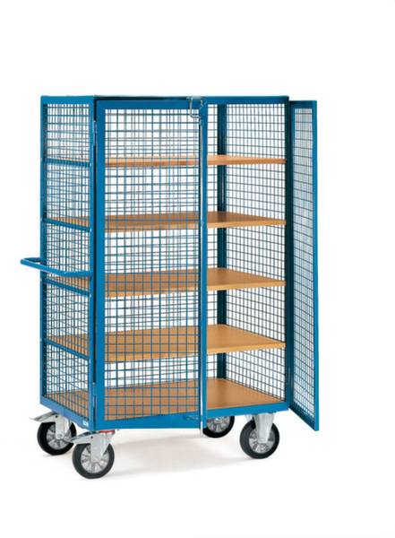 Un carrello di trasporto blu a griglia, con quattro ruote e diversi ripiani in legno, adatto per lo stoccaggio o il trasporto.