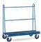 Carrello blu a quattro ruote con telaio portante, idoneo al trasporto di oggetti grandi e piatti come lastre di vetro o pannelli in legno.