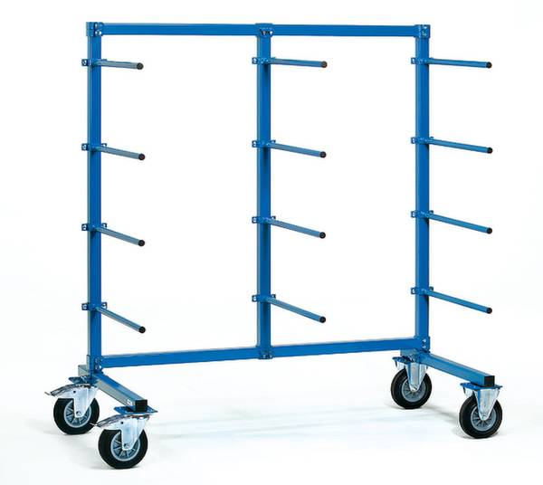 Carrello blu, supporto mobile in metallo con più bracci, montato su ruote, utilizzato per il trasporto o lo stoccaggio di oggetti grandi e piatti.