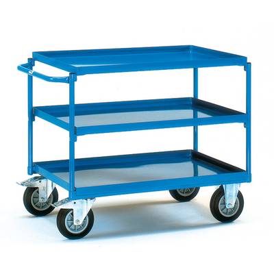 Carrello blu a tre ripiani, realizzato in metallo con quattro ruote, idoneo per il trasporto di oggetti in ambienti di magazzino o ufficio.