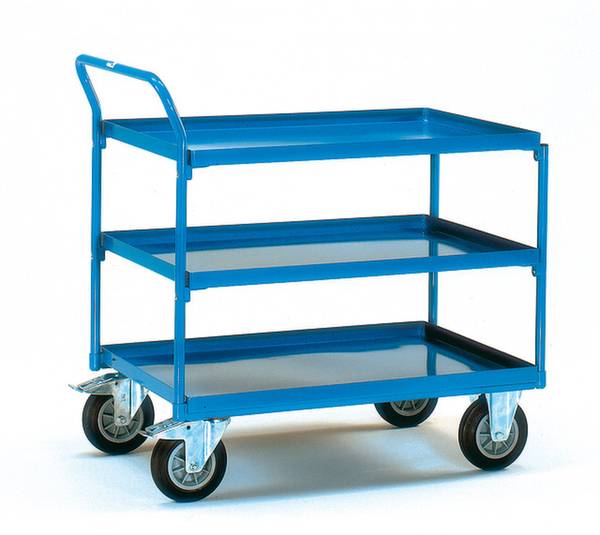 Carrello portavivande blu con tre ripiani e quattro ruote. Ideale per l'uso in magazzini o officine.