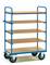 Un carrello di trasporto blu a cinque ripiani con scaffali in legno e quattro ruote. Adatto al trasporto di oggetti in magazzini o officine.